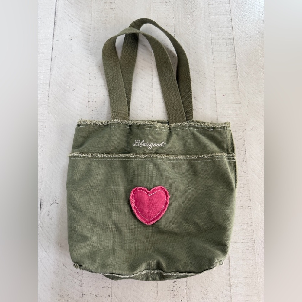 Life is Good Distressed army green pink heart small tote bag